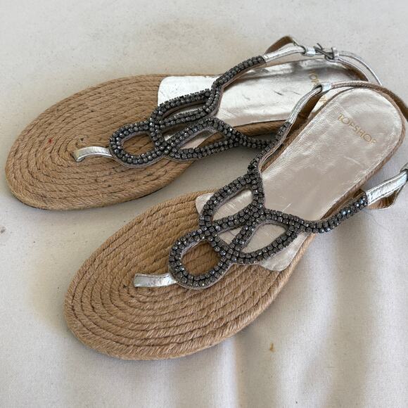 TopShop Jeweled Espadrille Sandals 7 Ankle Wrap Flats Silver Gray Embellished - Picture 2 of 5